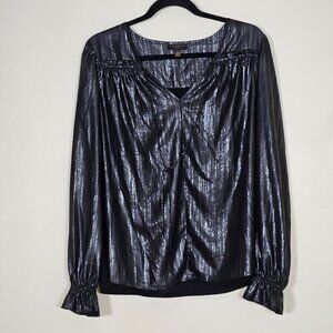 Current Air Top Womens L Black LS V-Neck Shimmery Seersucker Back Anthropology